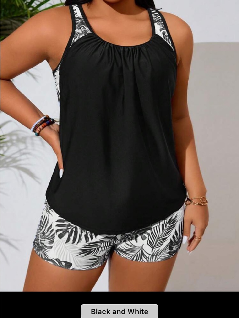 Black and Tropical Print tankini Swimsuit